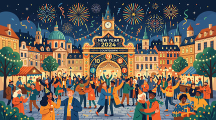 New Year 2024 Celebration with Fireworks and Crowd in European City Square Illustration. © Saka