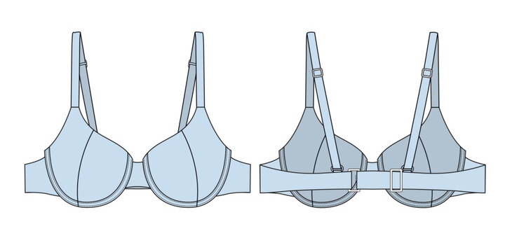 Underwire bra front and back view vector template technical illustration.