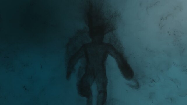 Concept animation of an evil pirate with a hook hand built from particles