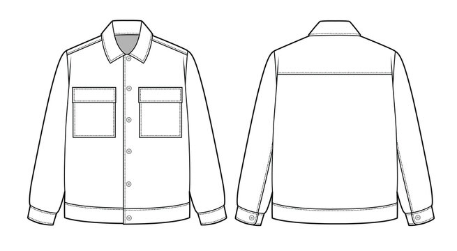 Men&rsquo;s work jacket front and back view vector design mockup template technical flat drawing.