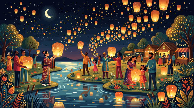 People releasing glowing sky lanterns during a traditional night festival by a river under a crescent moon.