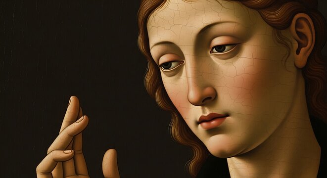 Renaissance woman portrait with cracked paint texture and religious gesture.