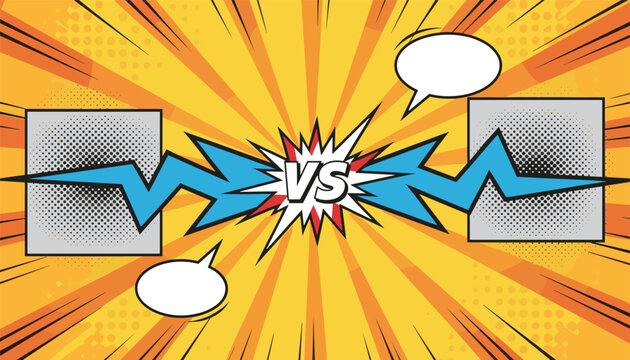 Action packed comic style versus screen template with lightning bolt, halftones, yellow burst, and empty text balloons.