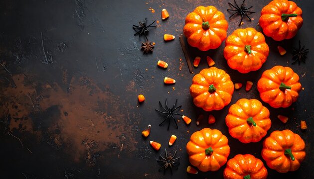 Halloween pumpkins and candy corn scattered on dark textured background with toy spiders, festive autumn holiday celebration