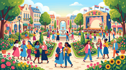 Vibrant cartoon illustration of a busy European town square with diverse people and outdoor stage. © Supra
