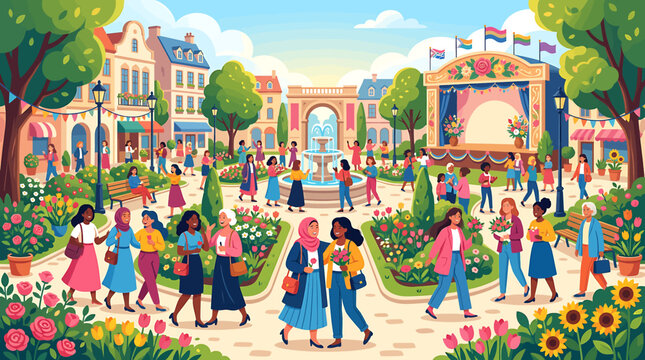 Vibrant cartoon illustration of a busy European town square with diverse people and outdoor stage.