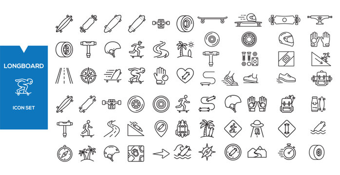Longboard Icon Set: A comprehensive collection of minimalist line art icons representing various aspects of longboarding and associated activities, including equipment, actions, and symbols.