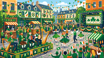 St Patricks Day Parade Celebration in a Vibrant European Town Square with Dancers and Musicians. © Saka