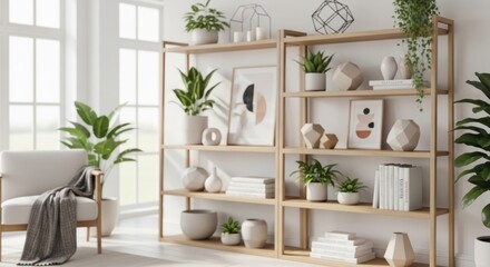 Fototapeta premium Bright minimalist interior with wooden shelves and plants.