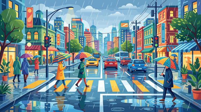 Vibrant city street scene with pedestrians crossing wet road during rainy day in colorful urban landscape.