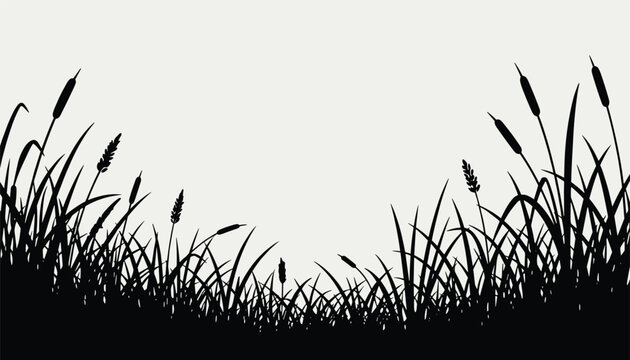 Seamless horizontal border pattern of black wild grass and reed silhouettes, isolated on white background.