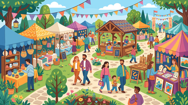 Vibrant outdoor community market illustration with people shopping at colorful stalls and festival bunting.