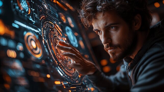 Man touching holographic interface with futuristic glowing data projections and charts