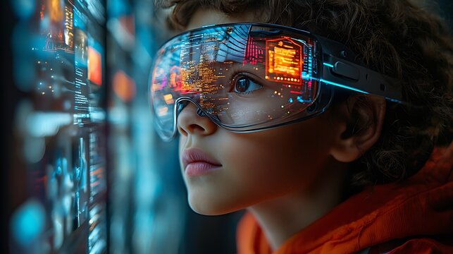 Child wearing futuristic VR goggles reflecting digital cityscape and data streams