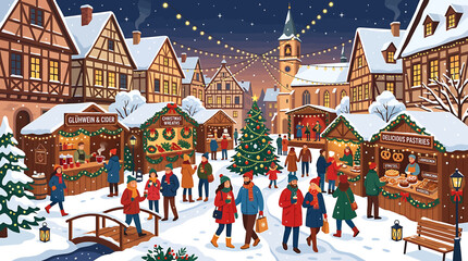 Traditional European Christmas Market in Snowy Old Town Square with Festive Stalls and People. © Saka
