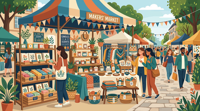 Vibrant outdoor farmers market illustration with people shopping at colorful stalls and tents.