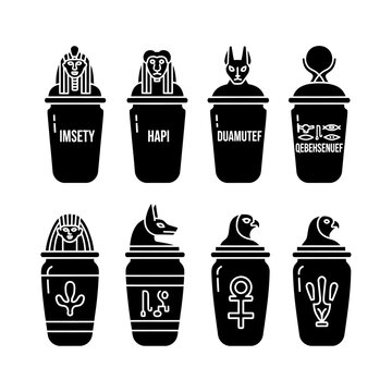 Ancient Egyptian Canopic Jars Vector Icons with Hieroglyphs and Gods' Heads