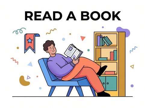 Comfortable person deeply engaged in reading a book, relaxing in a chair next to a bookshelf filled with literature, symbolizing education, knowledge, and leisure