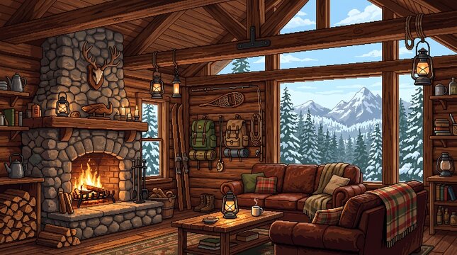 Cozy rustic cabin interior featuring a glowing stone fireplace and scenic mountain views through large windows