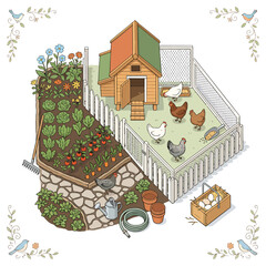 Isometric illustration of a backyard chicken coop and vegetable garden with hens and crops. © Akun