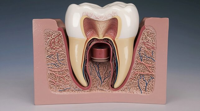 Detailed anatomical cross section model of a human tooth showing pulp nerves blood vessels and surrounding jaw bone structure