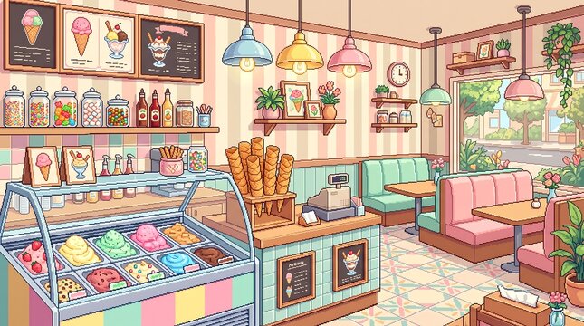 Charming pixel art ice cream parlor interior featuring vibrant pastel colors and detailed candy display shelves