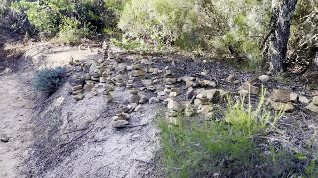 A field of many small stacked stone cairns and balanced rock piles