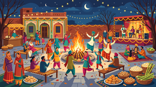 Traditional Lohri Festival Celebration With People Dancing Around Bonfire In Village.