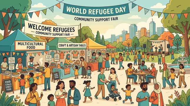 World Refugee Day community support fair with multicultural food stalls and diverse people in a park.