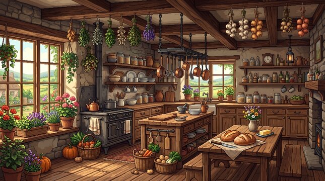 Cozy rustic kitchen featuring wooden furniture and hanging herbs with sunlight streaming through large windows