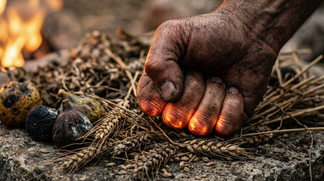 Cain and Abel offering their sacrifices to God. One accepted with divine fire, the other ignored. The first biblical conflict