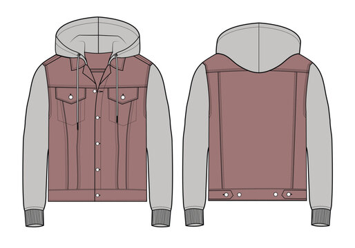 Hooded denim jacket front and back view design technical flat sketch vector mockup template.