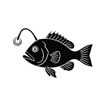 Anglerfish silhouette swimming on white background with minimalist monochrome style for marine biology education