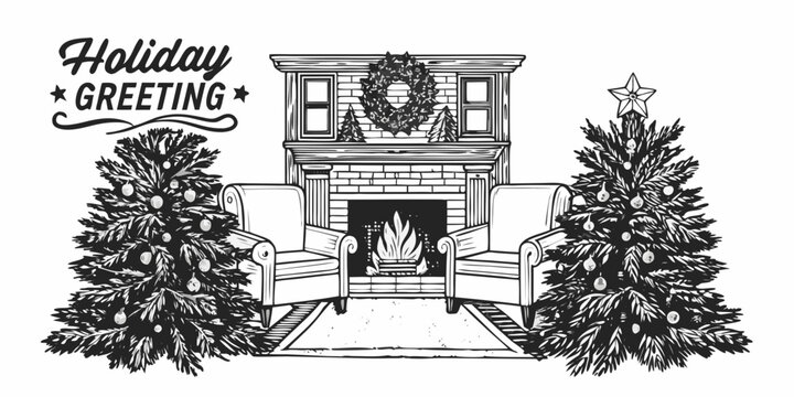 Christmas Scene With Fir Trees And Wreath Black And White Line Art