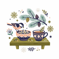 Winter illustration of a bird eating seeds next to a warm cup of tea on a wooden table. © Gam