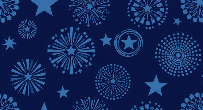Seamless pattern design with stylized blue fireworks and star shapes on dark background fireworks seamless celebration background abstract wallpaper repeating illustration decorative