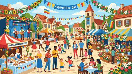 Vibrant Assumption Day Village Festival with People Celebrating Outdoors in a European Town Square. © Saka