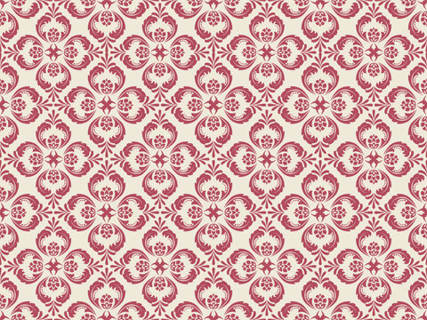 Elegant seamless damask pattern in classic vintage baroque style. Featuring intricate floral ornaments in rich burgundy red over a soft cream beige background. Luxury timeless wallpaper, textile.