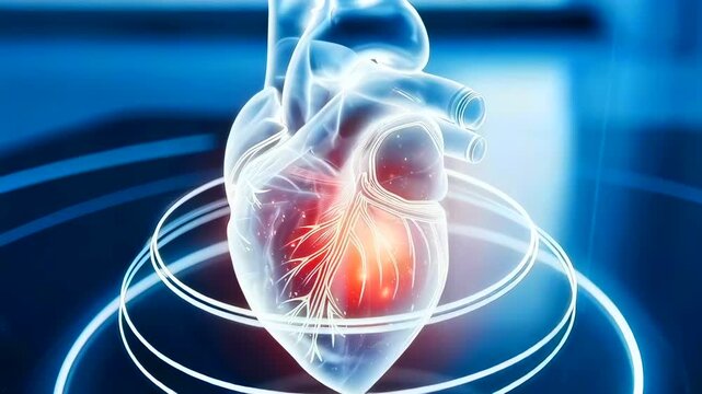 transparent heart hologram with pulsing red core rotating on illuminated platform, concentric rings highlight energy mapping and vascular detail in sterile lab setting, warm core glow