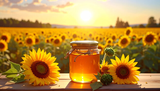 Jar of honey with sunflowers in field under bright sunlight