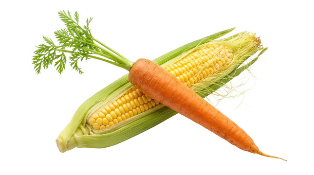 Fresh carrot resting on corn cob.