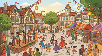 Vibrant European Village Festival with Live Music Dancing and Market Stalls in Sunny Town Square. © Saka