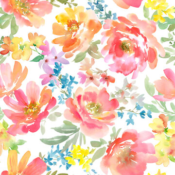 Watercolor modern floral seamless pattern with hand painted red and orange peonies and wild flowers on a transparent background for fabric, home decor and surface design.