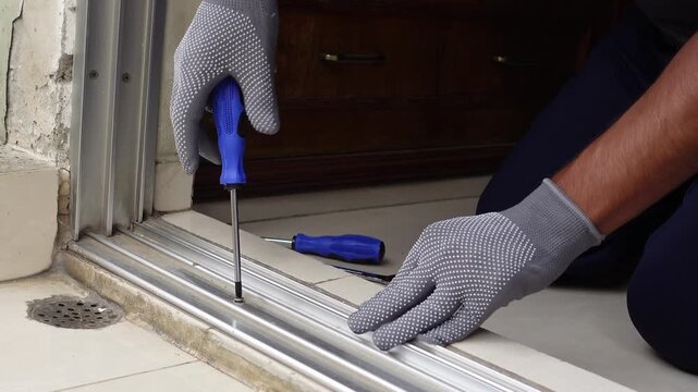 Fixing a door track with a screwdriver and gloves