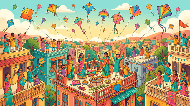 Vibrant Makar Sankranti Festival Celebration with People Flying Colorful Kites from City Rooftops.