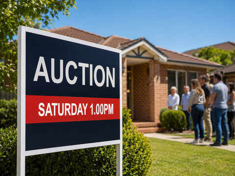 Property Auction Sign Outside Australian Suburban House