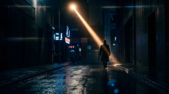 Lonely woman walking down dark city alleyway at night, urban landscape, cityscape, nighttime scene, wet pavement