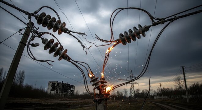 Electric wires sparking on a pole under storm.