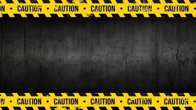 Looping Industrial Caution Tape Border Animation with Repeating Safety Text on Dark Metal Wall 4K 60 fps