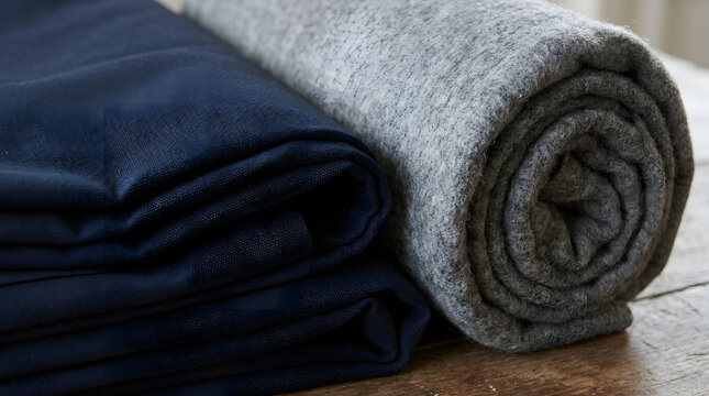 Rolled and folded blankets, gray and navy blue, home textiles, bedding, cozy fabrics